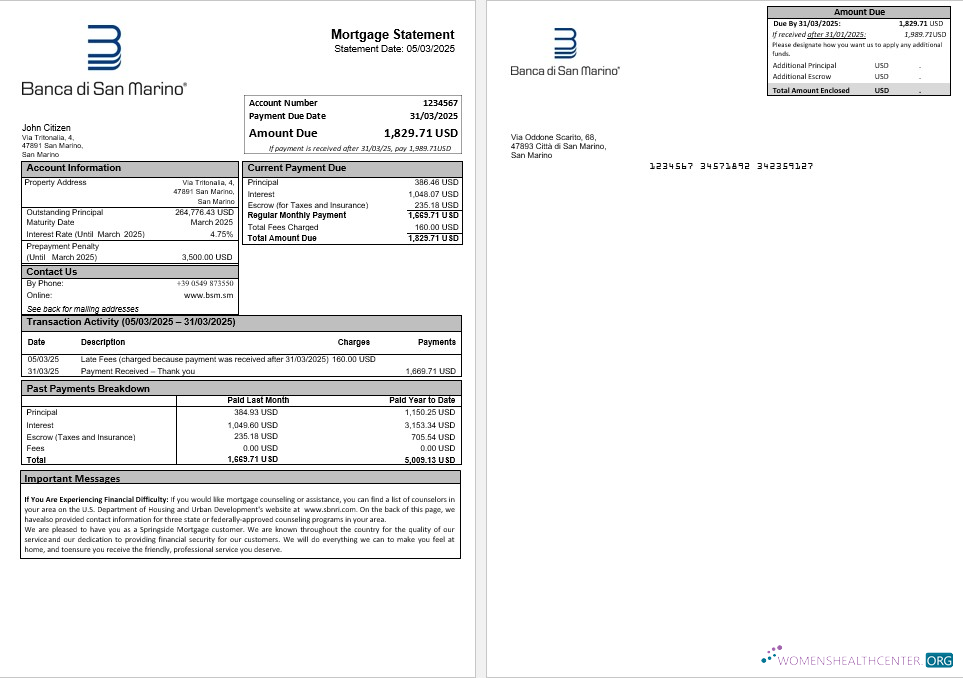 Download San Marino Banca di San Marino mortgage statement in Word and PDF formats Photoshop template